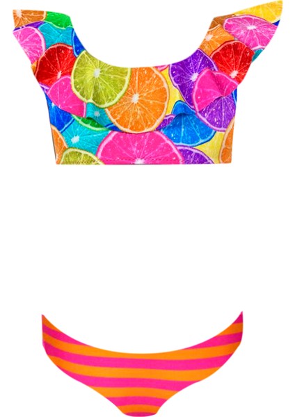 Kayık Yaka Renkli Portakal Desenli Fırfırlı 50UV Kız Çocuk Bikini Takımı By Nessi Byrd