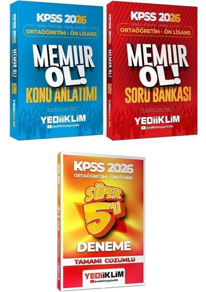 Yediiklim 2026 Kpss Lise Ortaöğretim Ön Lisans Memur Ol Konu + Soru Bankası + 5 Deneme 3 Lü Set+Anlakazan Paragraf