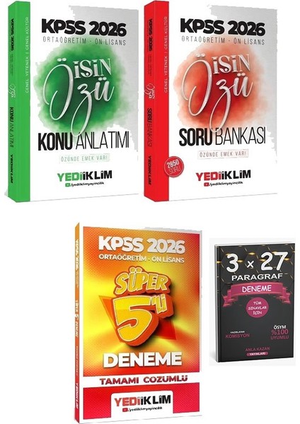 Yediiklim 2026 Kpss Lise Ortaöğretim Ön Lisans Işin Özü Konu + Soru Bankası + 5 Deneme 3 Lü Set
