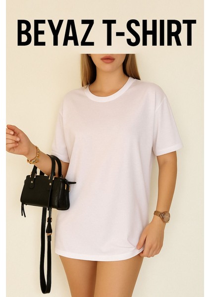 Beyaz Tshirt Unısex Düz Renk Basic Oversize Pamuklu Örme Kısa Kollu Bol Kalıp Tshirt