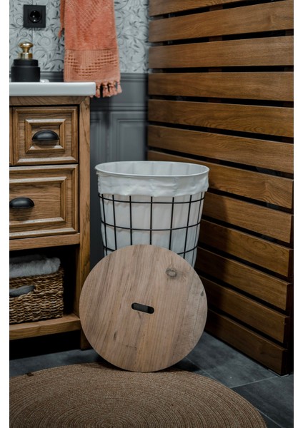 Ahşap Kapaklı Metal Tel Gövdeli Çamaşır Sepeti | Modern Dekoratif Kirli Sepeti