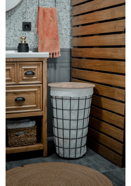 Ahşap Kapaklı Metal Tel Gövdeli Çamaşır Sepeti | Modern Dekoratif Kirli Sepeti fiyatları