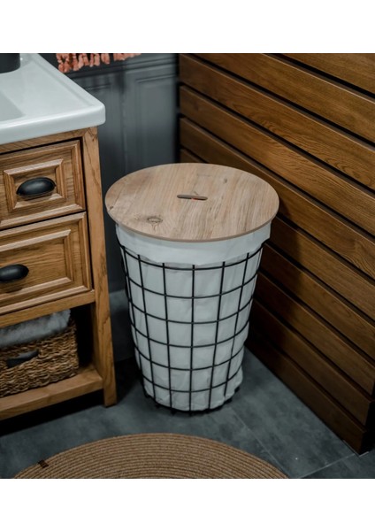 Ahşap Kapaklı Metal Tel Gövdeli Çamaşır Sepeti | Modern Dekoratif Kirli Sepeti fırsatları