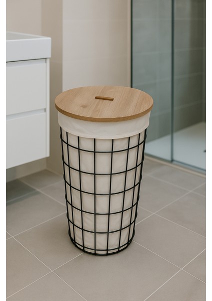 Ahşap Kapaklı Metal Tel Gövdeli Çamaşır Sepeti | Modern Dekoratif Kirli Sepeti indirimleri