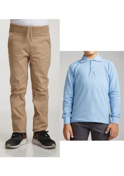 Unisex Çocuk Ribana Bel Keten Bej Okul Pantolonu + Polo Yaka Uzun Kol T-Shirt
