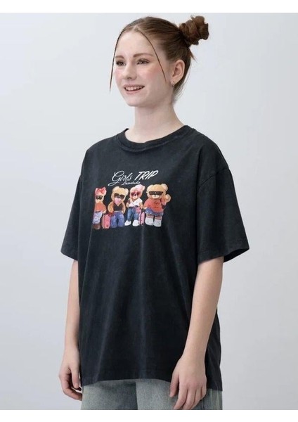 Kız Çocuk Ayıcık Baskılı Oversize T-Shirt modelleri