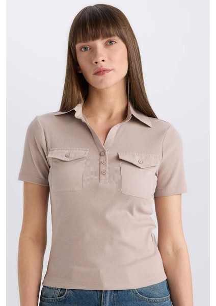 Yeni Sezon Slim Fit Dar Kesim Fitilli Kaşkorse Cepli Kısa Kollu Polo Tişört