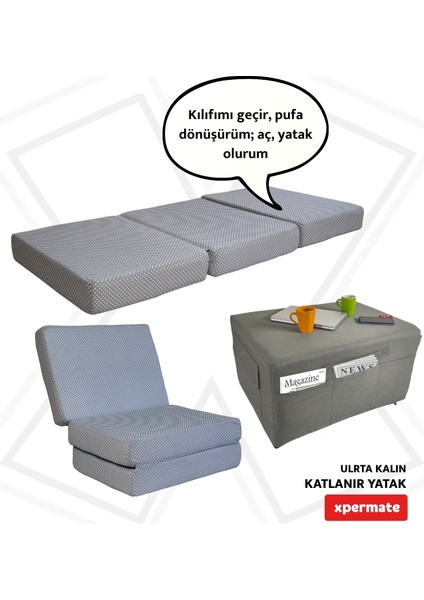 Ultra Kalın Katlanır Sünger Yatak, Yer Yatağı, Katlanır Yer Minderi, Katlanır Yatak, Misafir Yatağı 80x180x14, Gri Puantiyeli