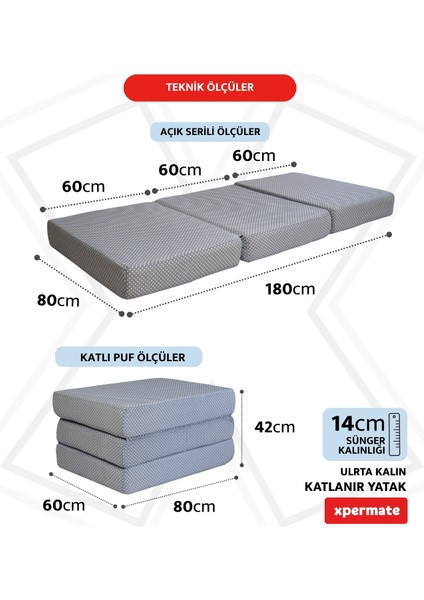 Ultra Kalın Katlanır Sünger Yatak, Yer Yatağı, Katlanır Yer Minderi, Katlanır Yatak, Misafir Yatağı 80x180x14, Gri Puantiyeli
