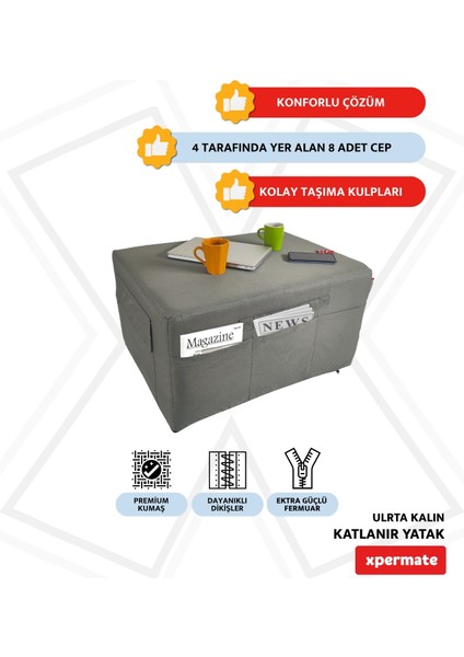 Ultra Kalın Katlanır Sünger Yatak, Yer Yatağı, Katlanır Yer Minderi, Katlanır Yatak, Misafir Yatağı 80x180x14, Gri Puantiyeli