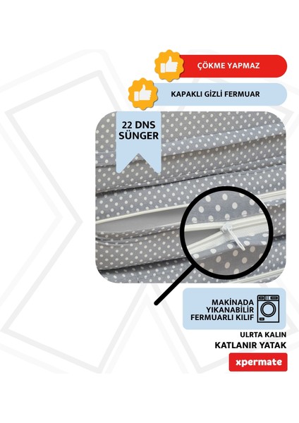 Ultra Kalın Katlanır Sünger Yatak, Yer Yatağı, Katlanır Yer Minderi, Katlanır Yatak, Misafir Yatağı 80x180x14, Gri Puantiyeli