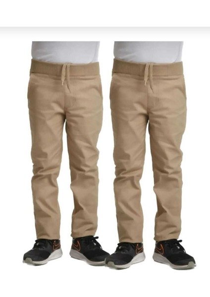 Unisex 2li Çocuk Rahat Kalıp Ribana Bel Canvas Keten Okul Pantolonu 2 Adet