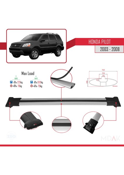 Honda Pilot 2003-2008 Arası ile Uyumlu Fly Model Ara Atkı Tavan Barı Gri 3 Adet modelleri