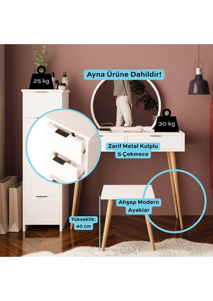 Lucy Makyaj Masası Takımı U1050 – Beyaz | Aynalı, Tabureli, Çekmeceli Dolaplı modelleri