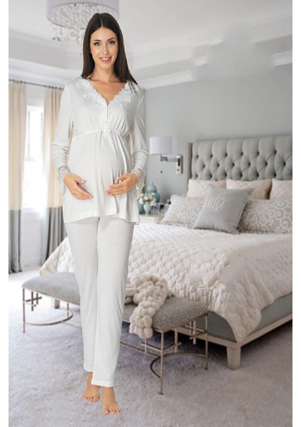 Zerre Bebe Kadın Beyaz Uzun Kollu Pijama Takımı Gecelik Sabahlık Lohusa Hamile 4'lü Set