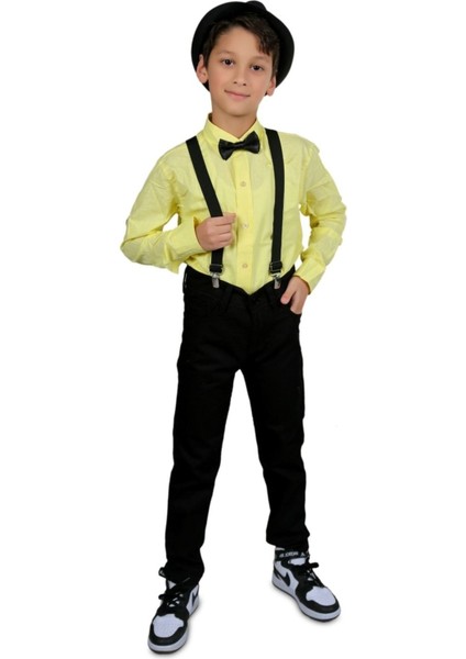 Erkek Çocuk Gösteri Kostüm Sarı Gömlek, Siyah Pantolon, Siyah Askı Papyon Takım