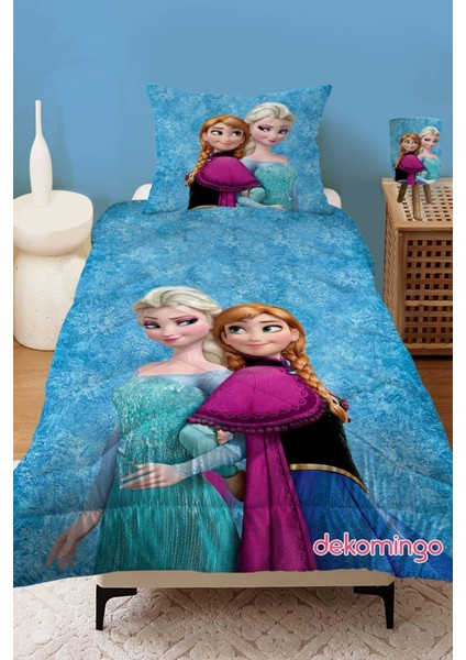 Elsa ve Anna Mavi Desenli Kapitone Çocuk Yorgan ve Yastık Kılıfı