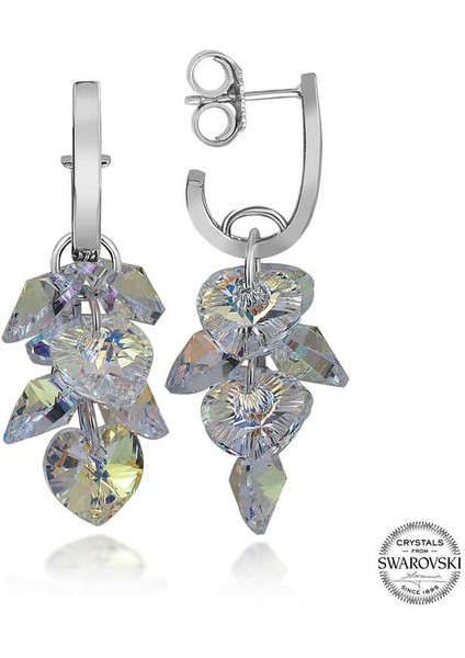 Swarovski Crystal Taşlı Gümüş Kalp Salkım Sallantılı Çivili Kadın Küpe