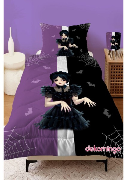 Mor Siyah Wednesday Addams Desenli Kapitone Çocuk Yorgan ve Yastık Kılıfı