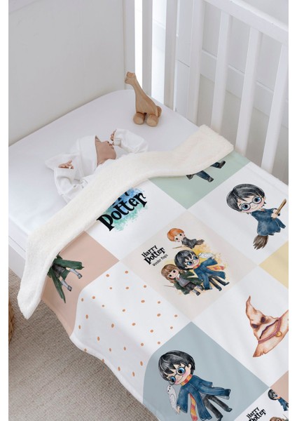 Peluş Çift Yüz Battaniye - Harry Potter ve Arkadaşları Patchwork