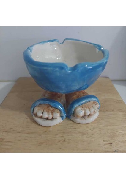 El Emek Yapım Seramik Sandalet Ayaklı Mavi Küllük Kül Tabla 9X10CM 1 Adet
