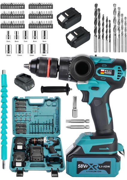 58VF 5AH Çelik Şanzıman 10 Pilli Çift Akülü Darbeli Şarjlı Matkap Vidalama 82 Parça Şarjlı Vidalama