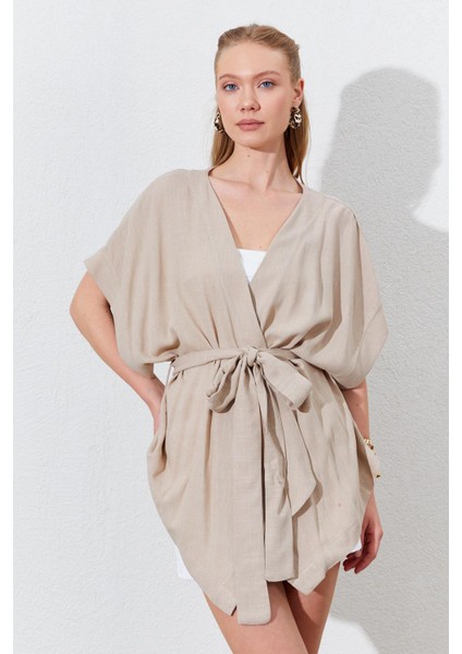 Kadın Koyu Bej Düşük Kol Kuşaklı Kimono fiyatları