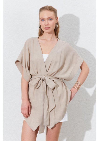 Kadın Koyu Bej Düşük Kol Kuşaklı Kimono modelleri
