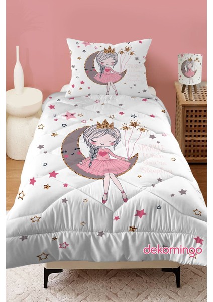 Beyaz Ay Prenses Çok Yıldızlı Desenli Kapitone Çocuk Yorgan ve Yastık Kılıfı