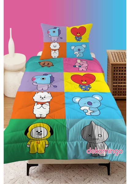 Renkli Kareler BT21 Bebek ve Çocuk Odası Kapitone Yorgan