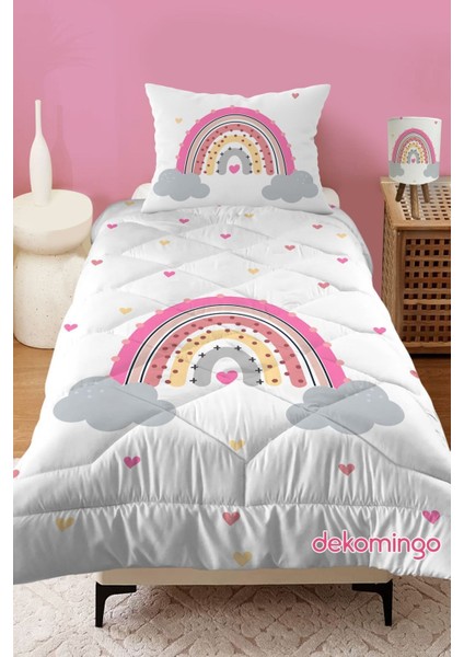 Pembe Gökkuşağı Bulut Desenli Kapitone Çocuk Yorgan ve Yastık Kılıfı