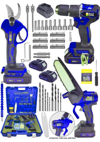 58VF 5AH Çelik Şanzıman 10 Pilli Çift Akülü Darbeli Şarjlı Matkap Vidalama 82 Parça Mavi