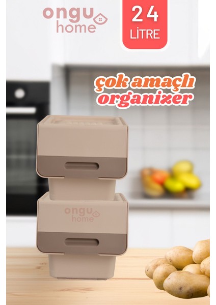 Tekerlekli Çok Amaçlı Organizer Patateslik Sebzelik ve Oyuncak Kutusu Kahve-Krem (24 Litre)
