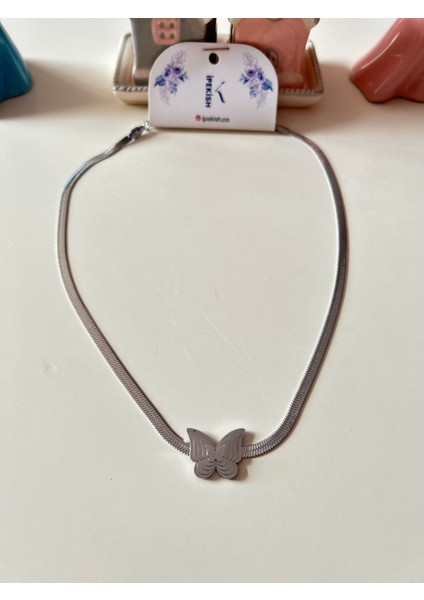 Silver Renk Italyan Zincirli Iç Içe Geçmiş Kelebek Figürlü Paslanmaz Çelik Kadın Kolye