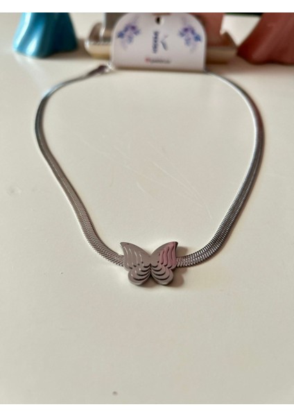 Silver Renk Italyan Zincirli Iç Içe Geçmiş Kelebek Figürlü Paslanmaz Çelik Kadın Kolye modelleri