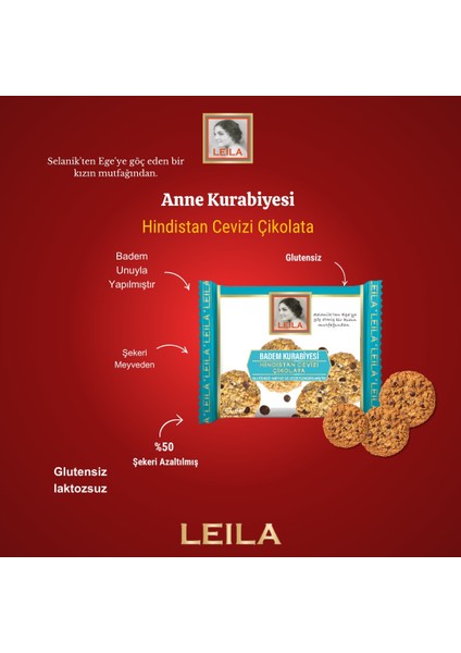 Leila Hindistancevizi & Çikolata Badem Unu Kurabiyesi 40 gr x 3 Adet