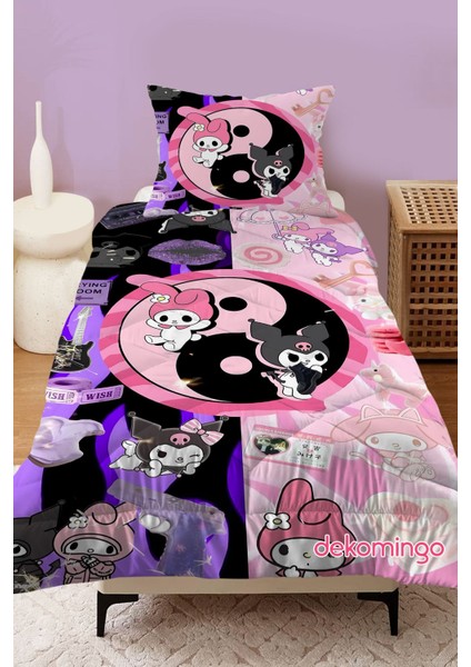 Barış Işareti Kuromi ve My Melody Desenli Kapitone Yorgan