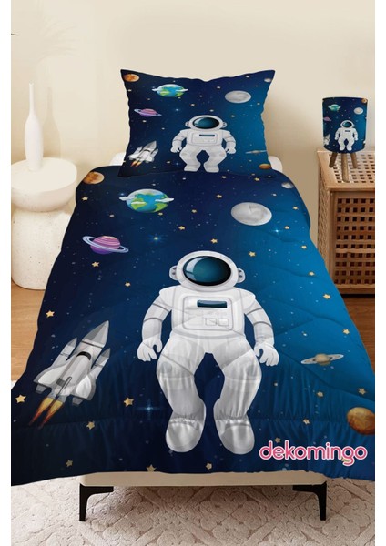 Astronot Gezegen Desenli Kapitone Çocuk Yorgan ve Yastık Kılıfı