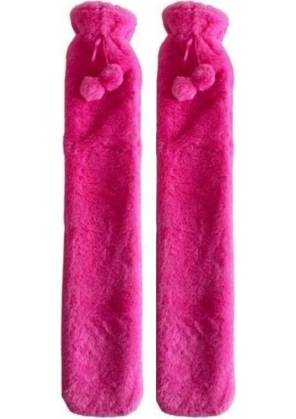 Sıcak Su Torbası 2 Adet Uzun Peluş Pembe Ponponlu 2 lt Termofor 75x13 cm
