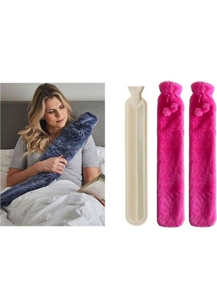 Sıcak Su Torbası 2 Adet Uzun Peluş Pembe Ponponlu 2 lt Termofor 75x13 cm