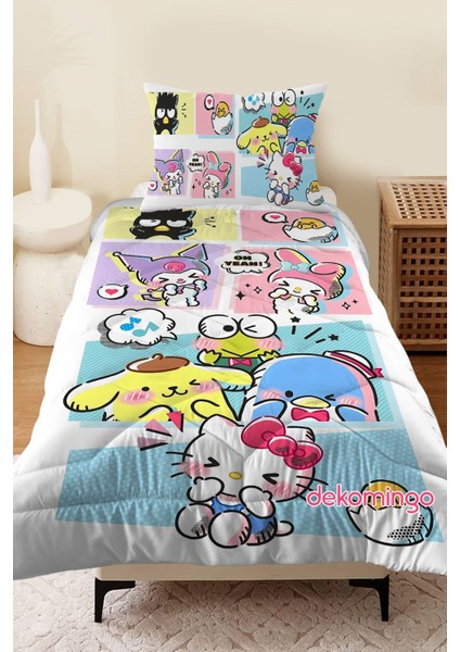 Beyaz ve Renkli Sanrio Desenli Bebek ve Çocuk Odası Kapitone Yorgan