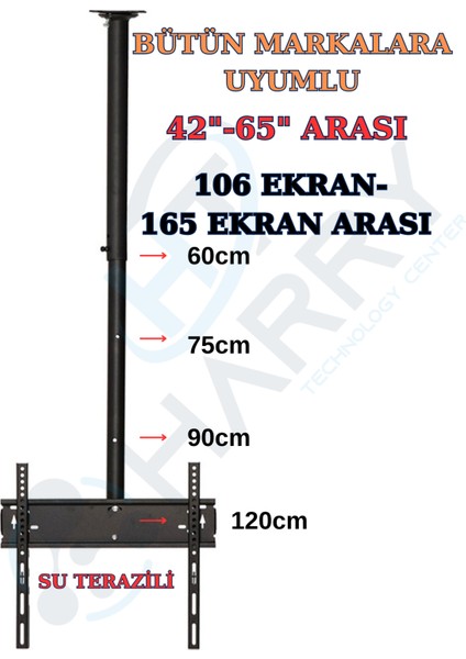 Tüm Marka ve Modelere Uyumlu 42"-65" Arası 106-165 Ekran LCD Tavan Dönerli Tv Askı Aparatı