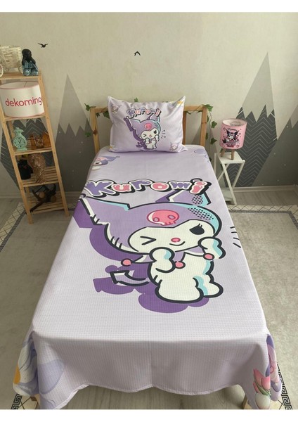 Çiçekli Lila Kuromi Bebek ve Çocuk Odası Pike Takımı