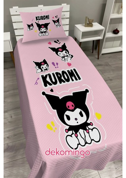 Kuromi Üçlü Pembe Bebek ve Çocuk Baza Pike Takımı ve Yastık Kılıfı ( Tek Kişilik )