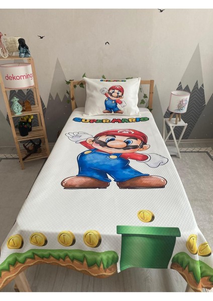 Süper Mario Bebek ve Çocuk Baza Pike Takımı ve Yastık Kılıfı ( Tek Kişilik )