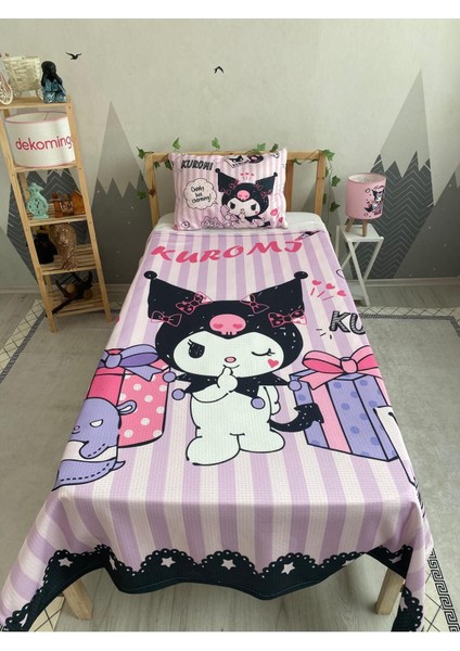 Siyah Pembe Şeritli Kuromi Bebek ve Çocuk Odası Pike Takımı