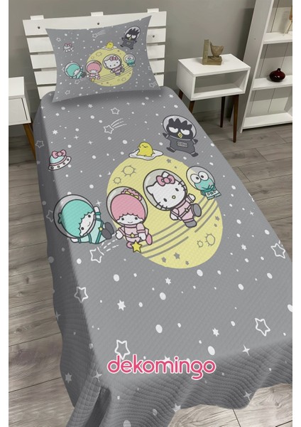 Gri Sanrio Karakterleri Bebek ve Çocuk Baza Pike Takımı ve Yastık Kılıfı ( Tek Kişilik )