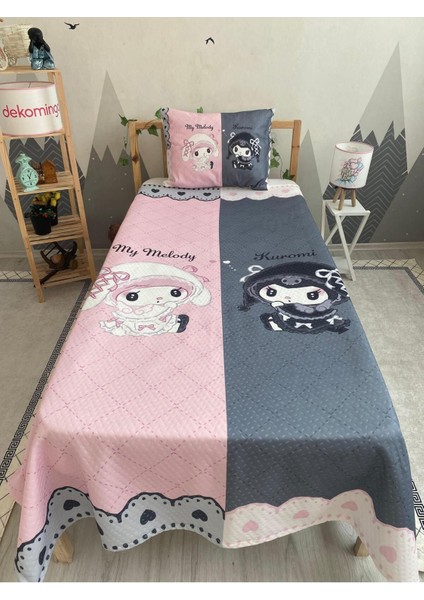 Pembe Gri Şeritli Kuromi ve Melody Bebek ve Çocuk Odası Pike Takımı