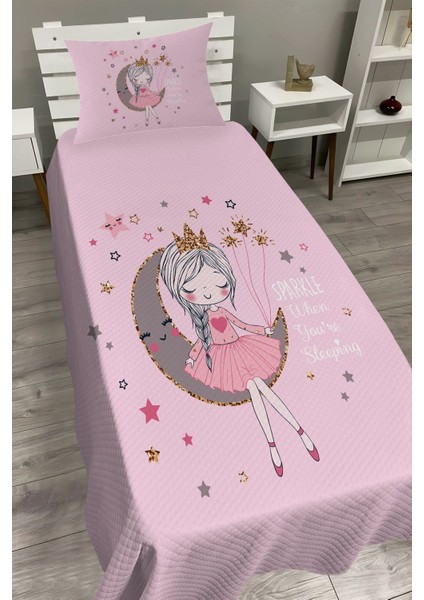 Pembe Ay Prenses Bebek ve Çocuk Baza Pike Takımı ve Yastık Kılıfı ( Tek Kişilik )