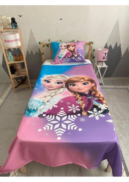 Renkli Gökkuşağı Elsa ve Anna Bebek ve Çocuk Baza Pike Takımı ve Yastık Kılıfı ( Tek Kişilik )